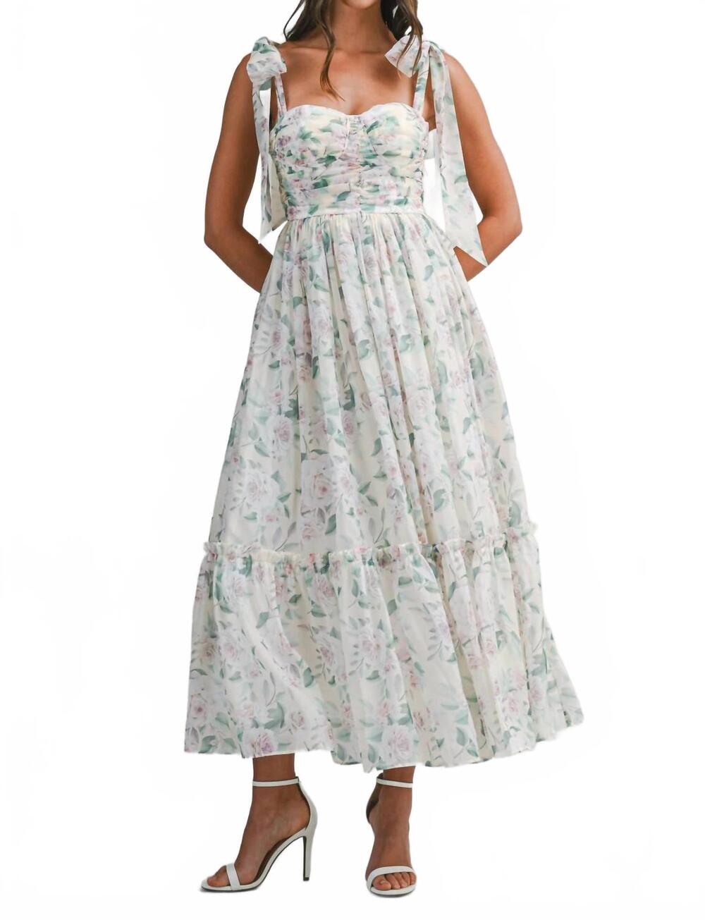 NEW MABLE floral bust ruched midi dress with shoulder tie in cream
